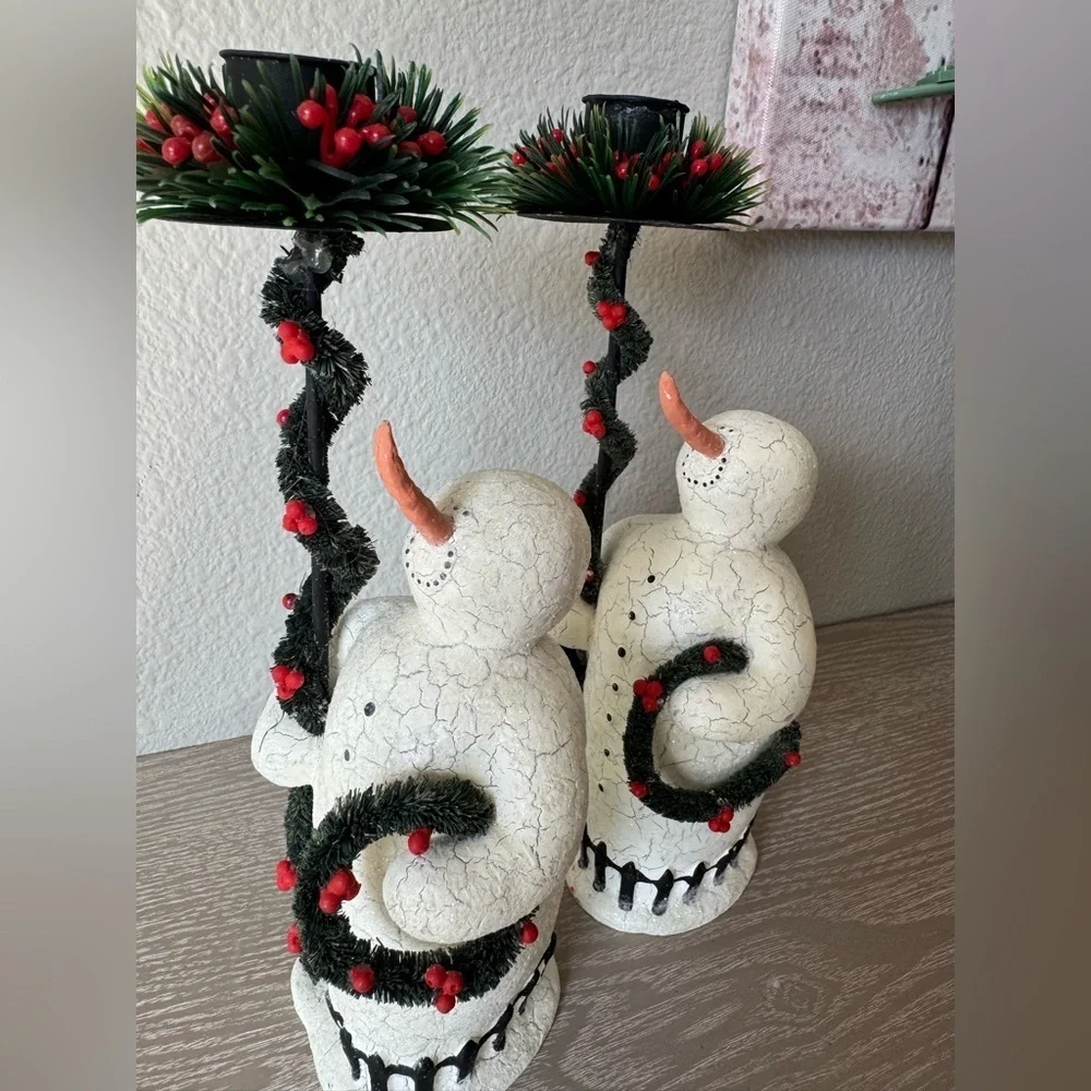 Vintage Dept. 56 2 Snowman with Garland Taper Candle Holder